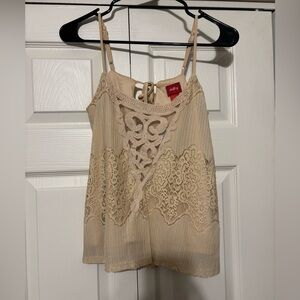 Daytrip Crochet Inset Top with Lace Accents, Back Tie, and Adjustable Straps